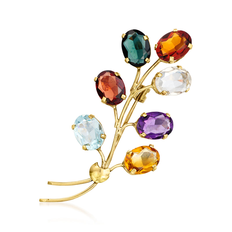 Vintage floral pin in 18kt yellow gold with oval multi-gemstones in blue, green, purple, and orange