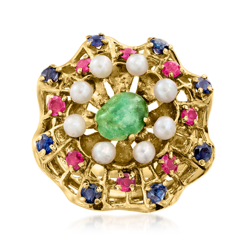 14kt yellow gold ring with green center gem, blue/pink stones, and white pearls