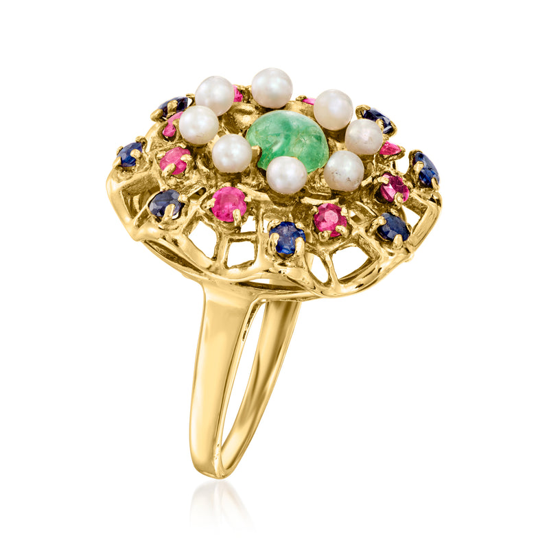 14kt yellow gold ring with green center gem and white cultured pearls, side view