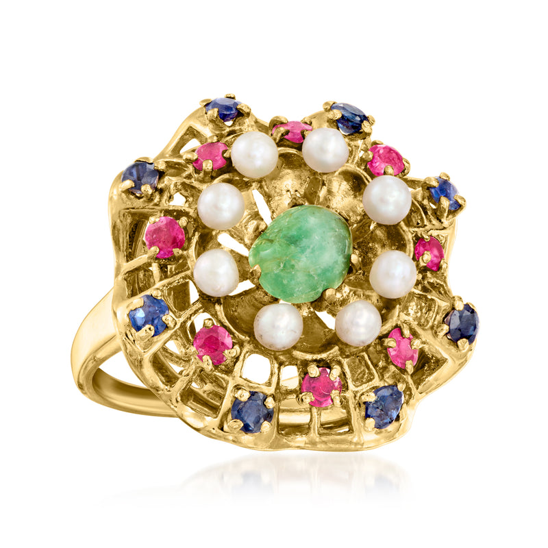 14kt yellow gold statement ring with green oval gem, blue and pink accents, pearls