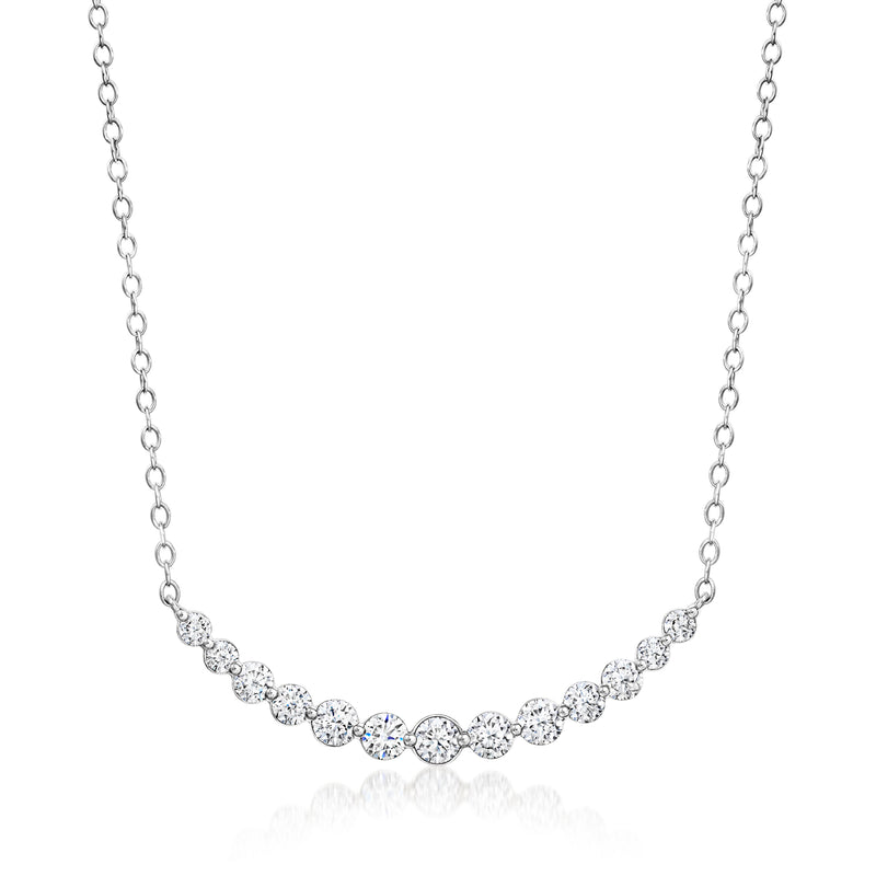 Sterling silver curved bar diamond necklace with small round stones in a row