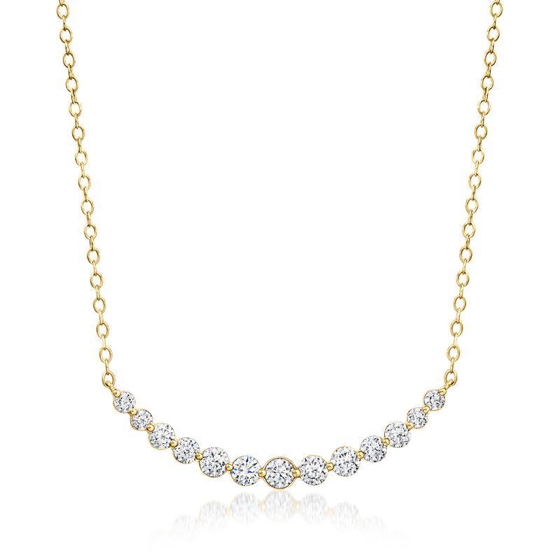 Gold over sterling curved bar diamond necklace with round stones in a row