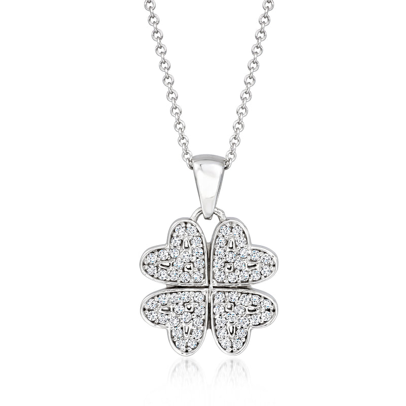 Four-leaf clover diamond pendant necklace, 14kt white gold, on chain