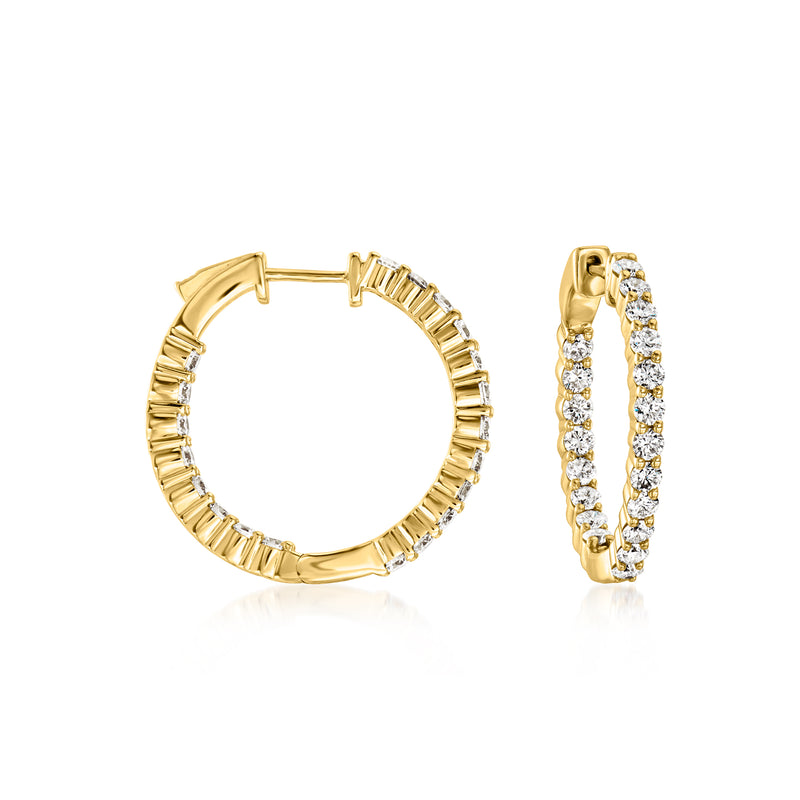 18kt gold hoop earrings with baguette-cut diamond accents, inside and outside