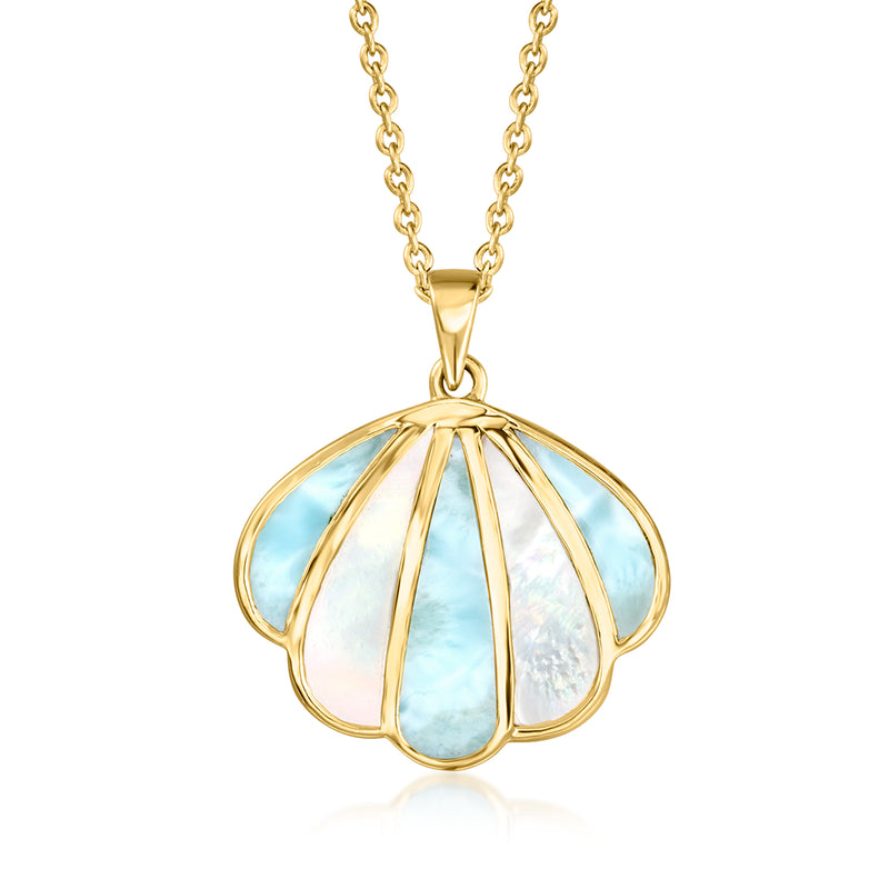 Gold seashell pendant necklace with mother-of-pearl and blue larimar