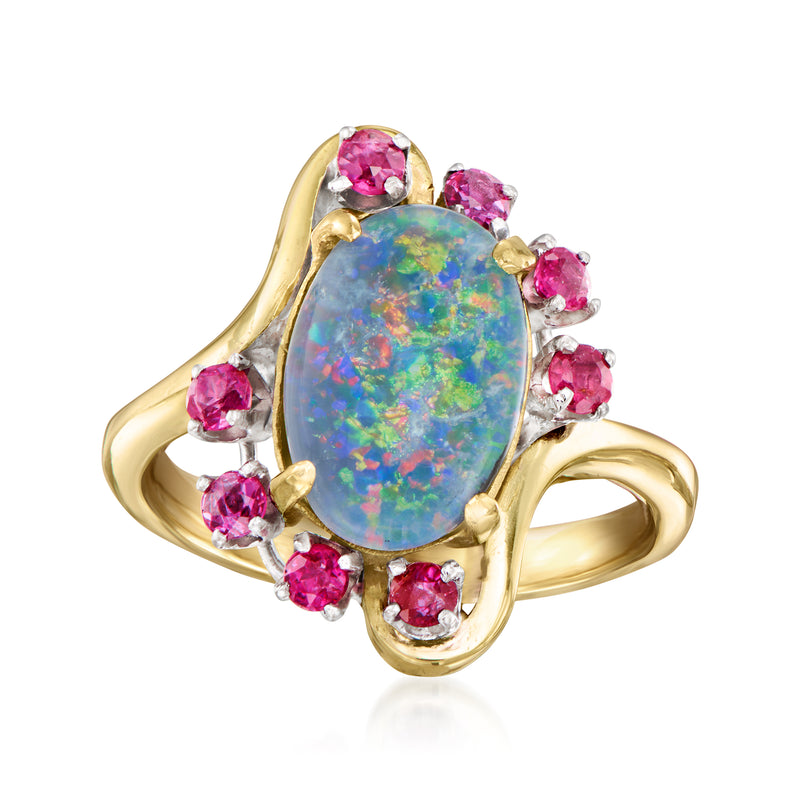 Vintage 14kt yellow gold opal triplet ring with pink ruby bezel accents