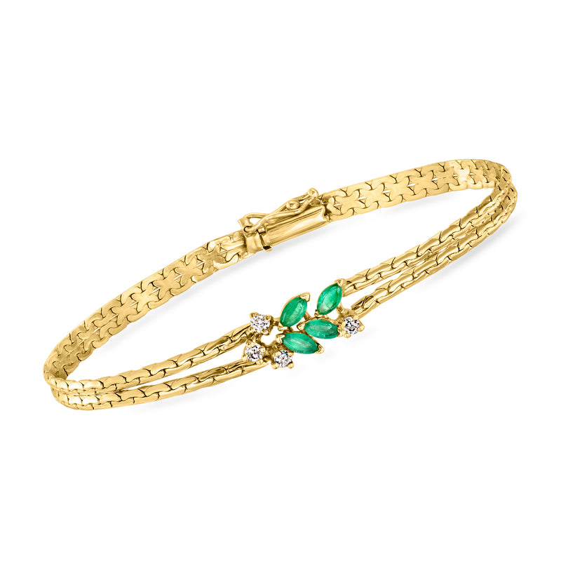 Vintage 14kt yellow gold bracelet with textured chain, green emerald and diamond cluster