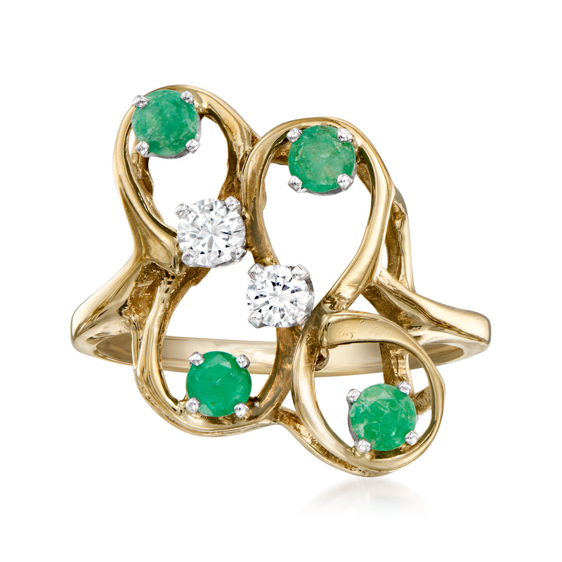 14kt yellow gold swirl ring with oval green emeralds and round white diamonds
