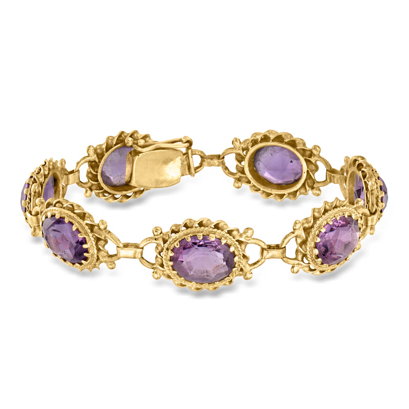 14k yellow gold amethyst link bracelet with five oval purple gemstones