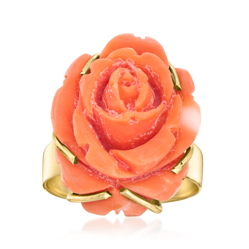 Coral rose ring in 12kt yellow gold with raised flower motif and scalloped band tips
