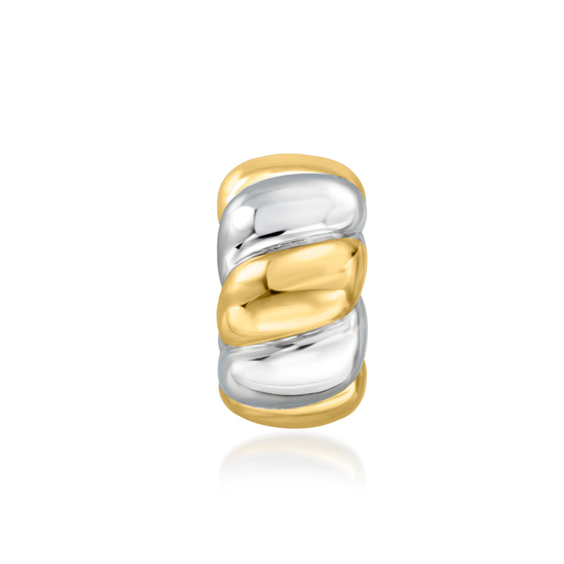 Ribbed silver-and-gold charm bead with curved metal ends, polished shine