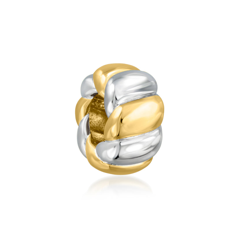 Ribbed silver-and-gold charm bead, gold band over polished silver with shine