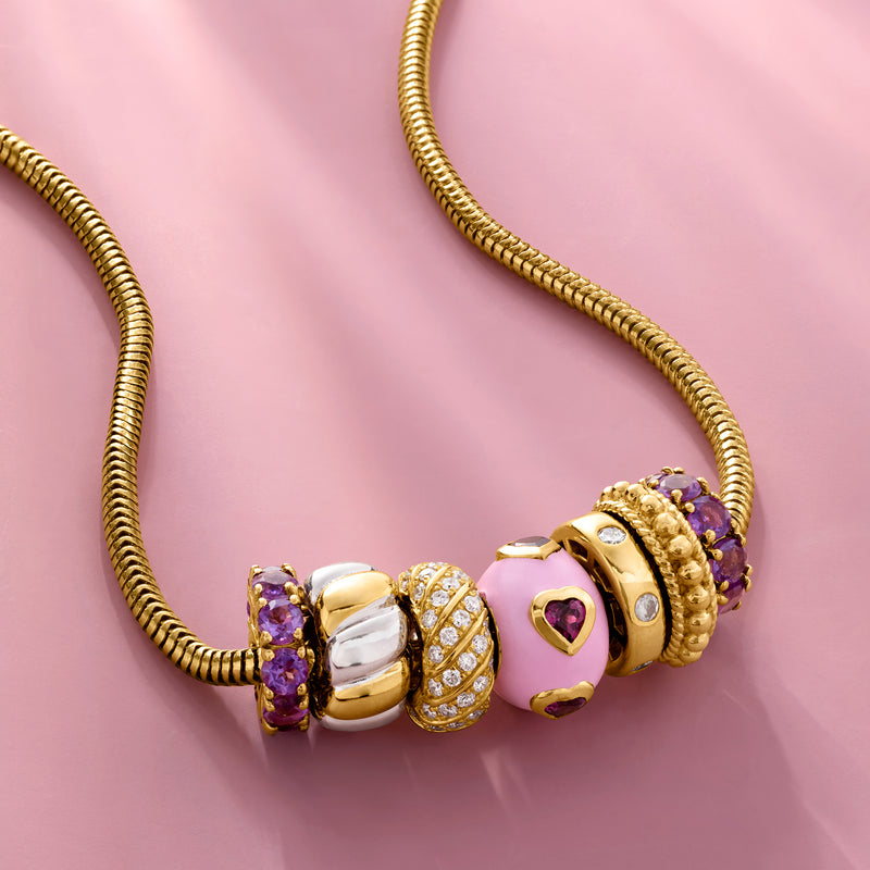 Purple stone charm beads with gold-and-silver ribbed details on a gold chain