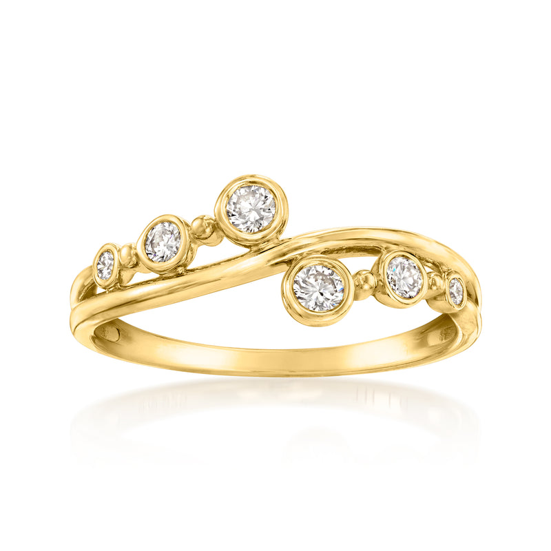 Gold asymmetrical wave diamond ring with multiple round stones