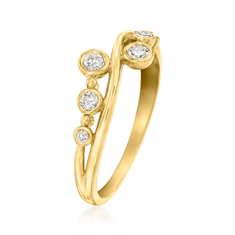 Gold wave ring with multiple round diamonds in curved bezel settings