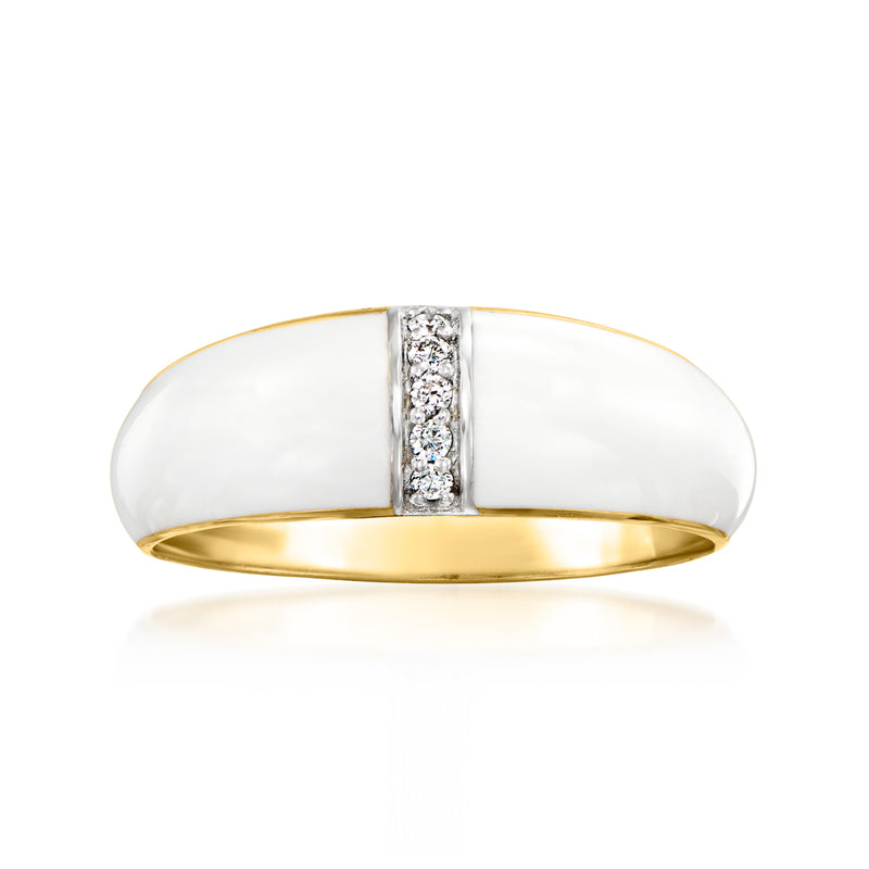 White enamel dome ring with diamond center in 18kt gold over sterling