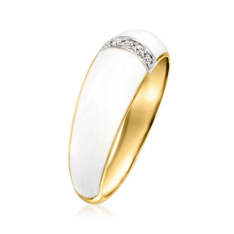 White enamel dome ring angled view with diamond centerpiece on gold band