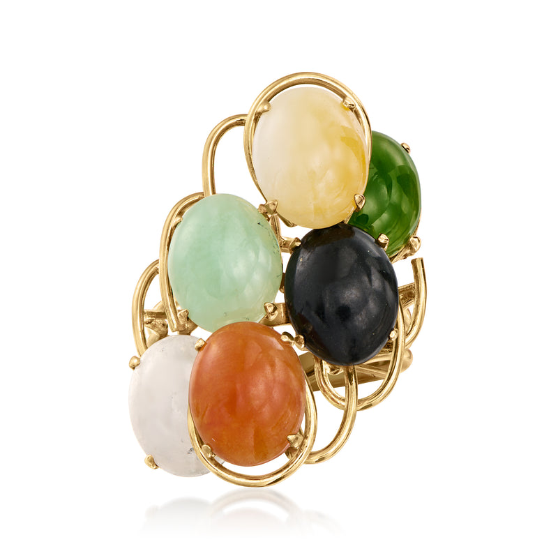 Yellow gold ring with oval multi-stone cabochons: yellow, green, black, orange, white