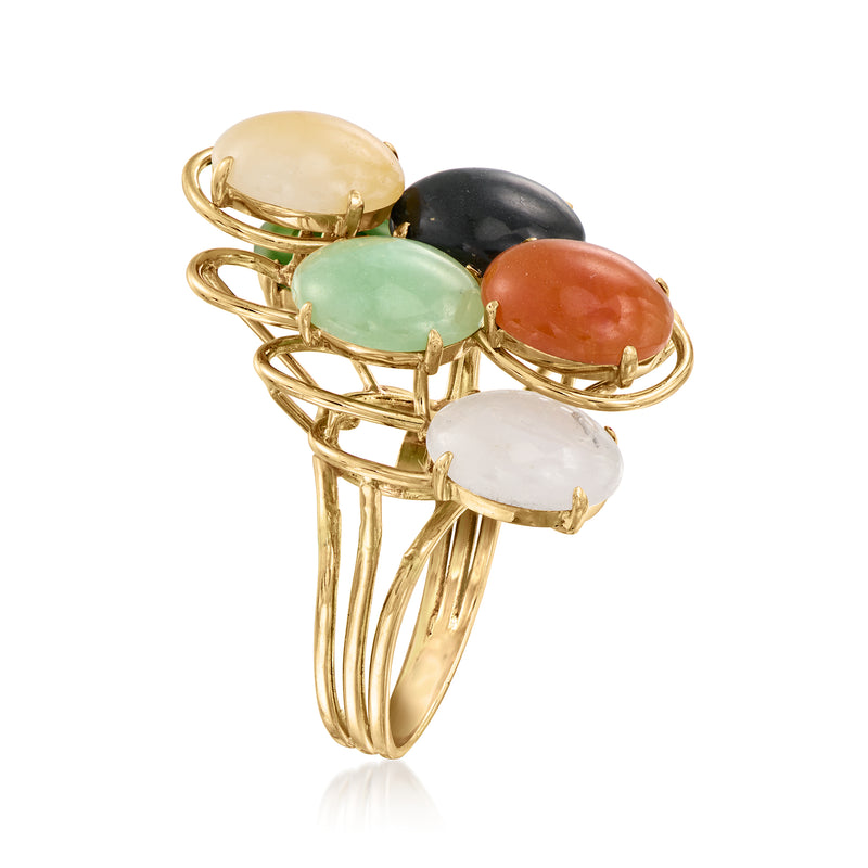 Yellow gold ring with oval cabochons: pale yellow, green, black, orange, white