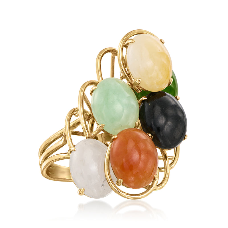Yellow gold ring with five oval cabochons in yellow, green, black, orange, and white