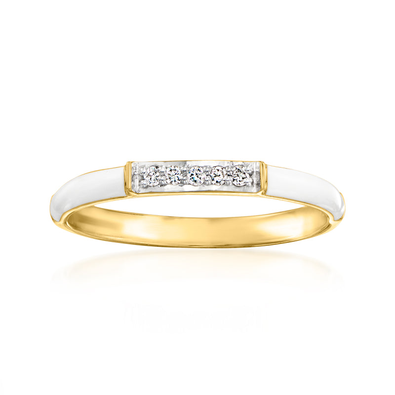 Gold ring with white enamel top and row of small diamonds in rectangular setting