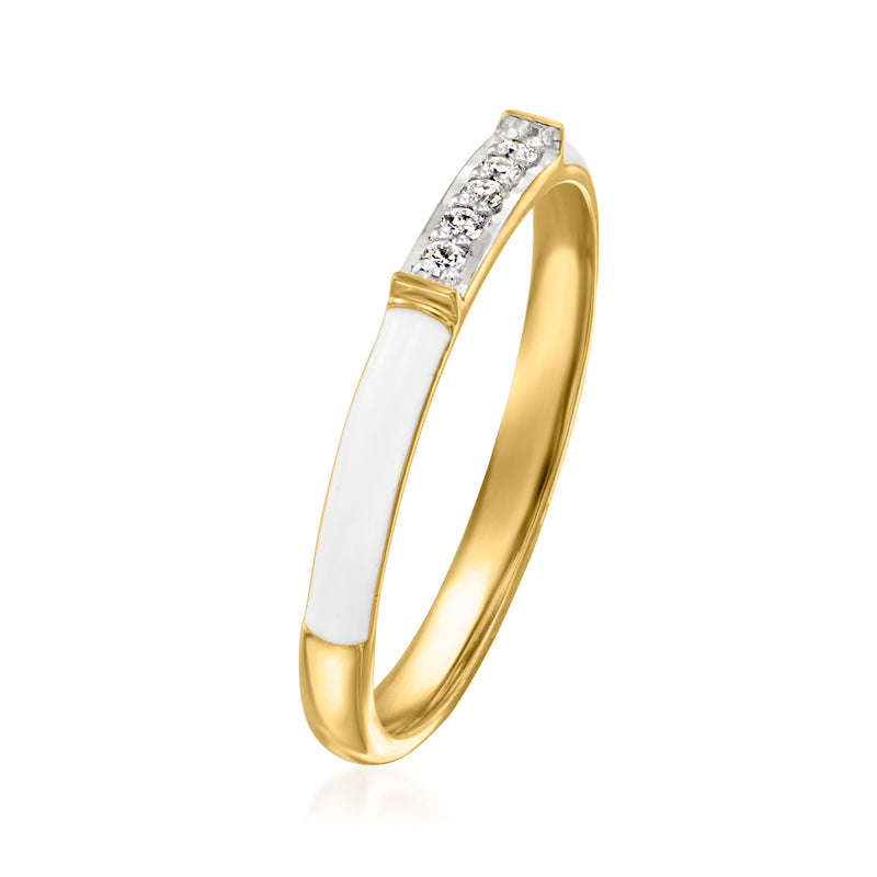 White enamel ring in gold with diamond accents on the top band