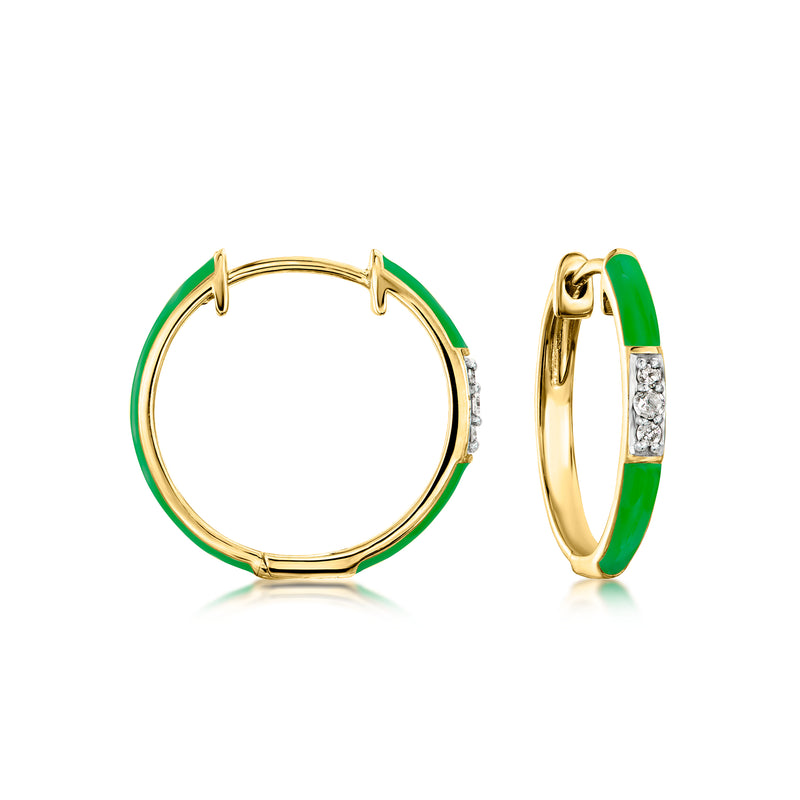 Gold hoop earrings with green enamel and small diamond accents