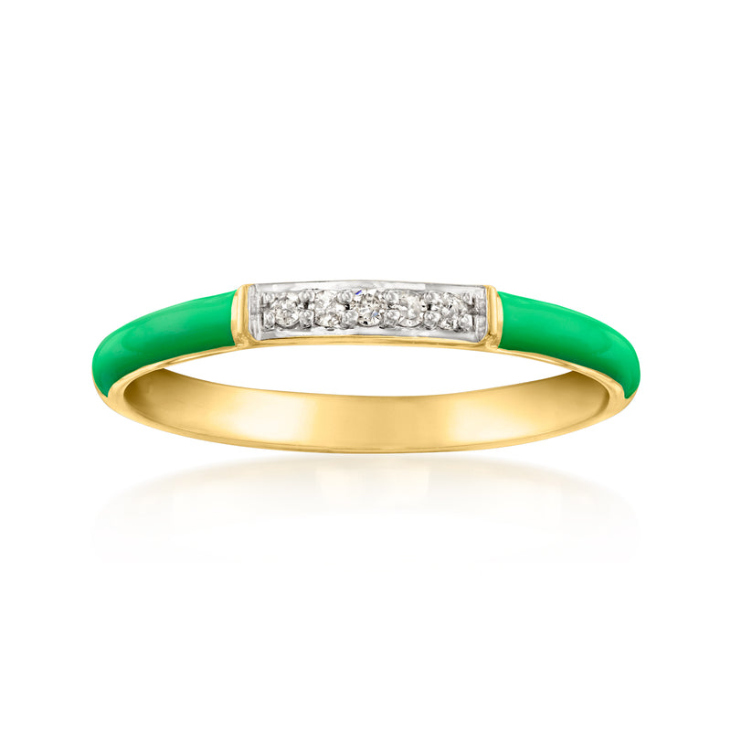 Green enamel ring with gold band and diamond-look row across top