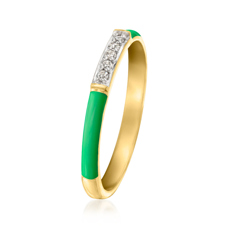 Green enamel band ring with gold edges and diamond-look stones on top