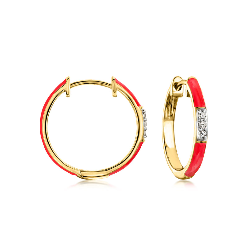 Gold hoop earrings with red enamel and small diamond accents
