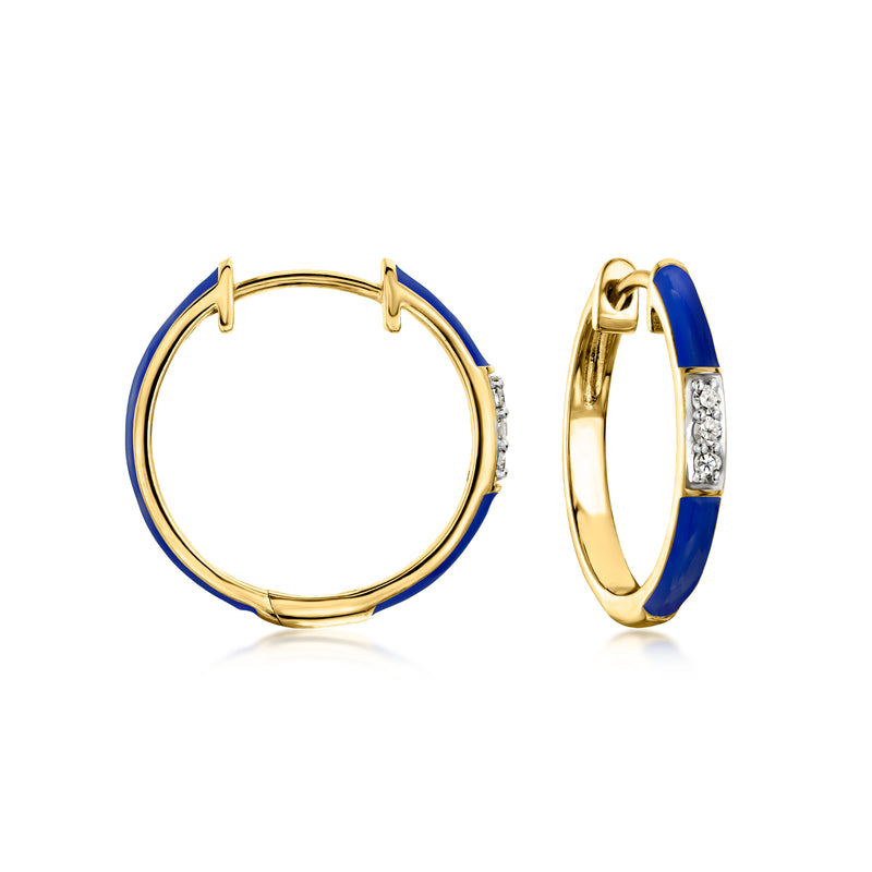 Gold hoop earrings with navy enamel ring and small diamond-like stones
