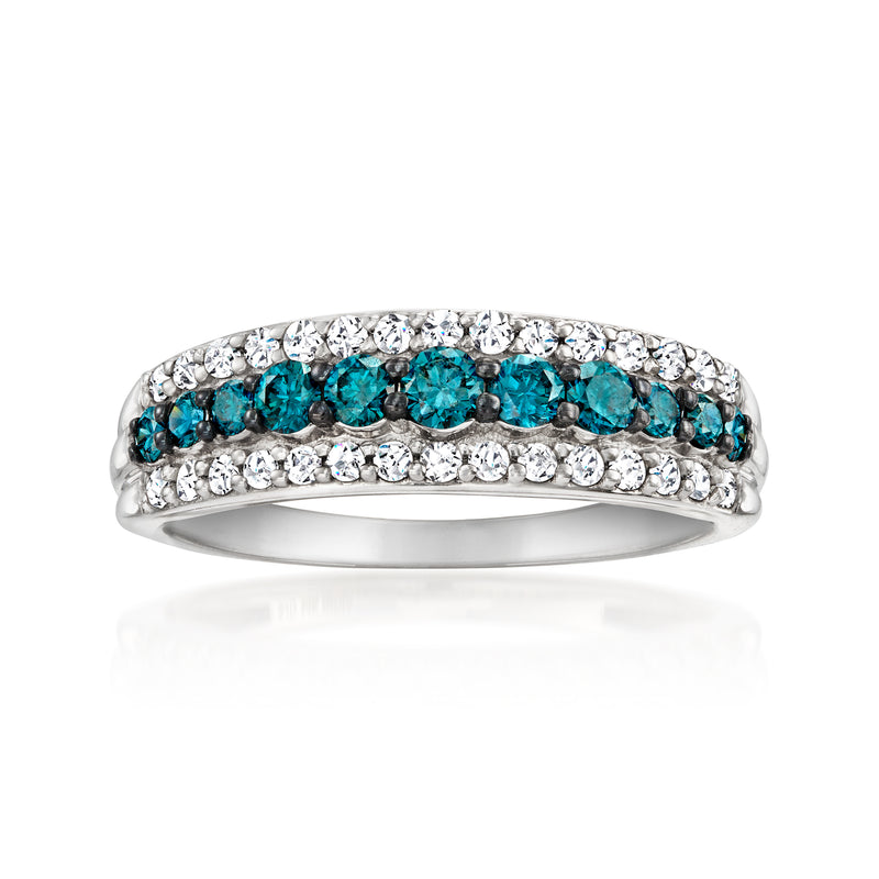 Three-row diamond ring in white gold with blue and white round stones