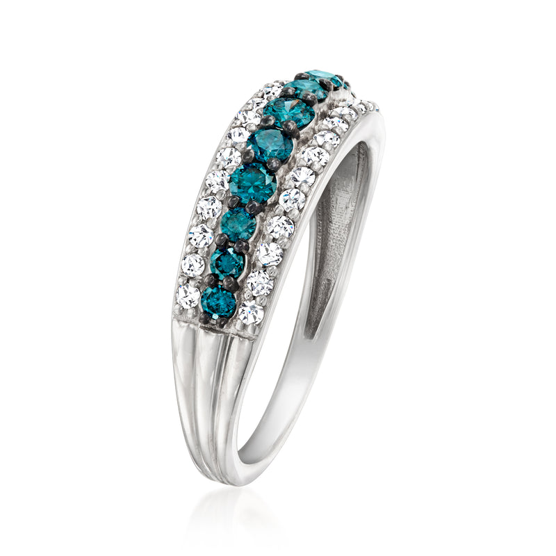 White gold three-row diamond band with round blue stones and clear accents