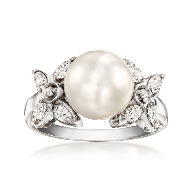 Cultured pearl ring in 14kt white gold with diamond petal cluster, size 7