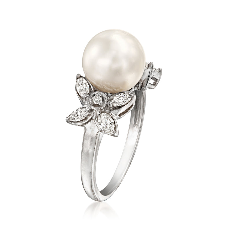 Cultured pearl ring with diamond flower accents, 14kt white gold band