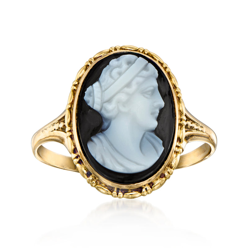 Vintage black agate cameo ring in 9kt yellow gold, oval portrait bezel with beaded frame