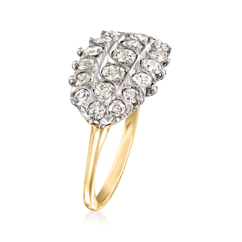 Diamond cluster ring with rounded top of prong-set stones, yellow gold band