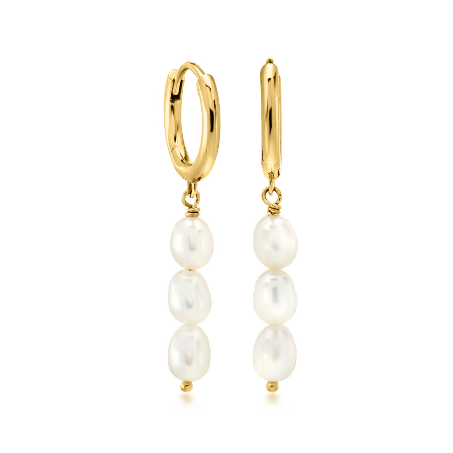 4-4.5mm Cultured Pearl Linear Hoop Drop Earrings in 18kt Gold Over Sterling