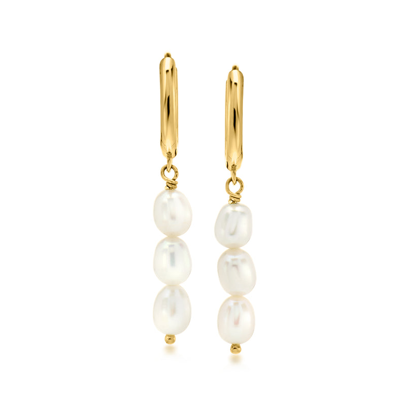 4-4.5mm Cultured Pearl Linear Hoop Drop Earrings in 18kt Gold Over Sterling