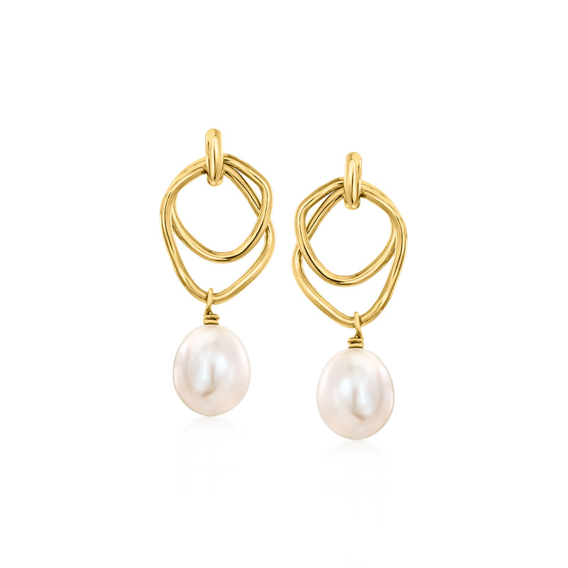 Gold double-loop drop earrings with white cultured pearl and circular hoop loops