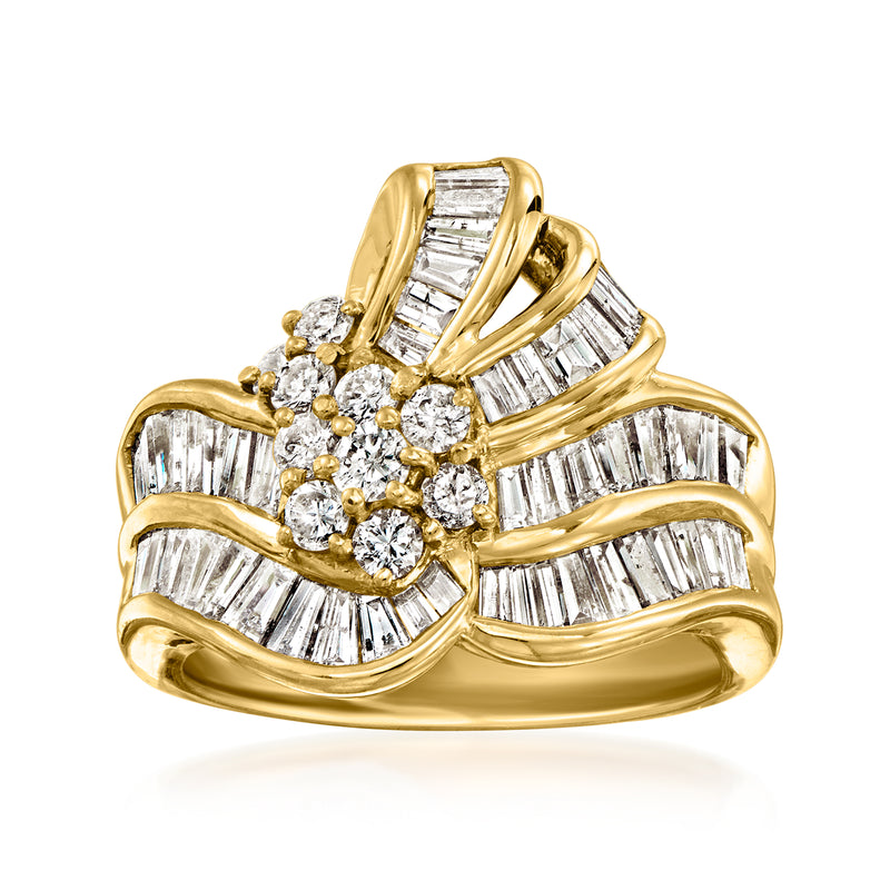 18kt yellow gold diamond ring with baguette and round stones, stacked bands