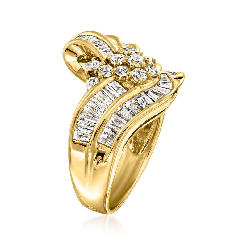Yellow gold diamond ring with baguette rows and clustered round center stone