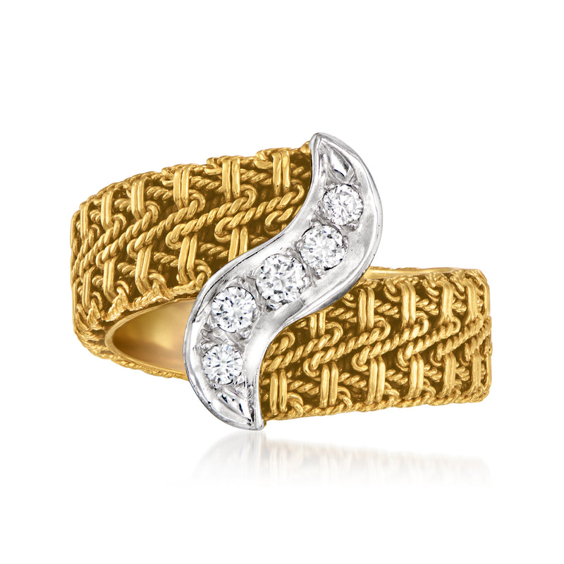 14kt yellow gold bypass ring with woven band and three round diamond accents