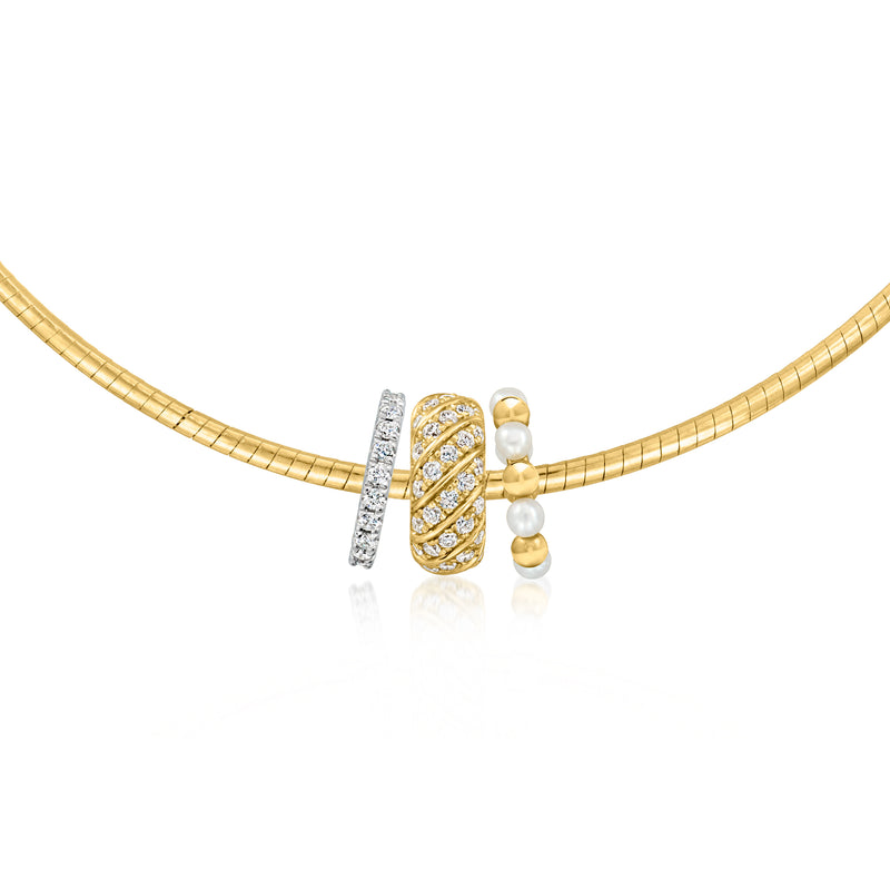 Gold rope necklace with twisted diamond bead charm and pearl-like spacer beads