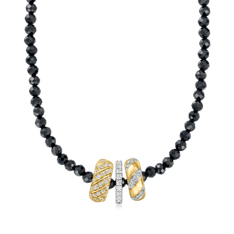 Black bead necklace with two-tone gold and silver diamond bead charm centerpiece