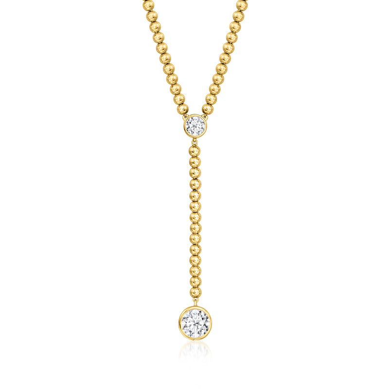 Gold beaded Y-necklace with two round bezel-set lab-grown diamond accents