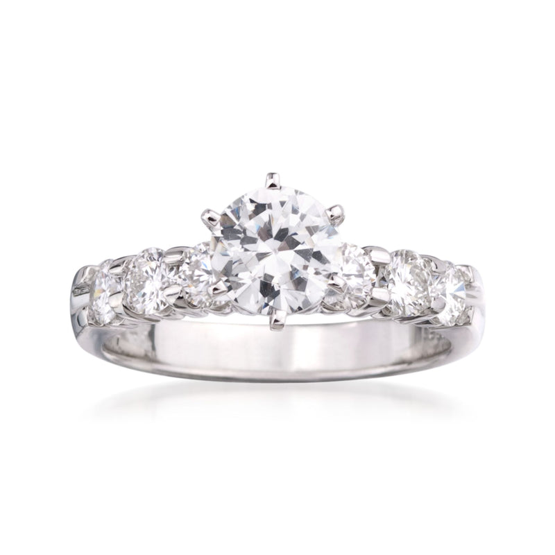 14kt white gold diamond engagement ring setting with round center diamond and side stones