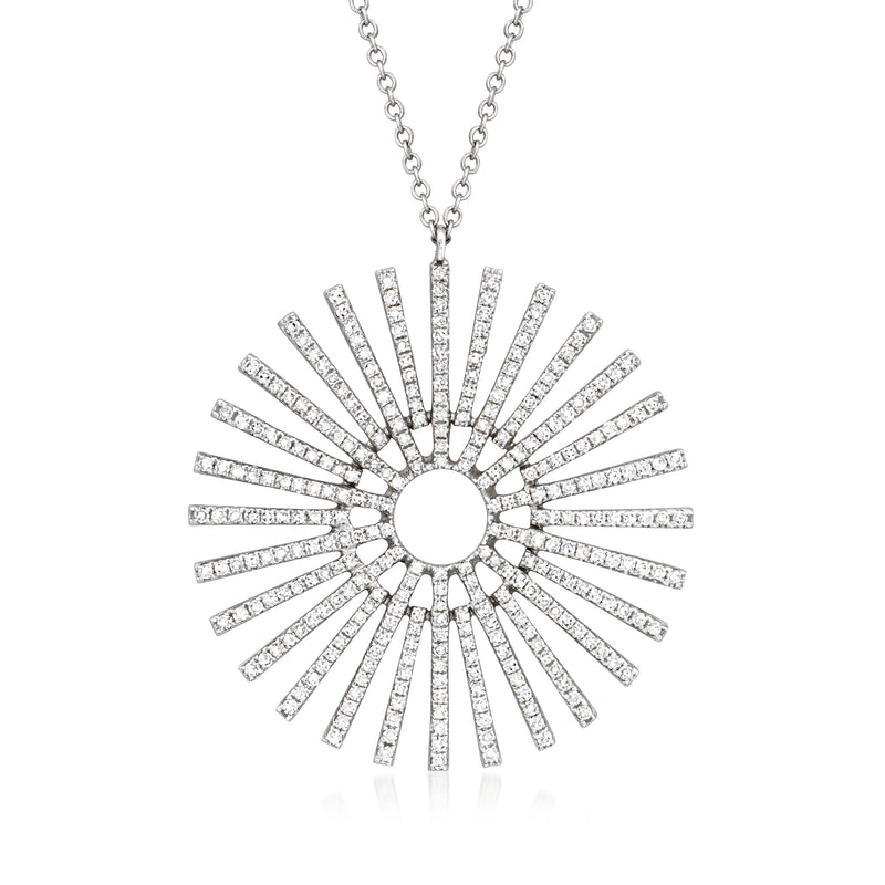 Diamond starburst necklace with circular center and radiating baguette accents, 14kt white gold