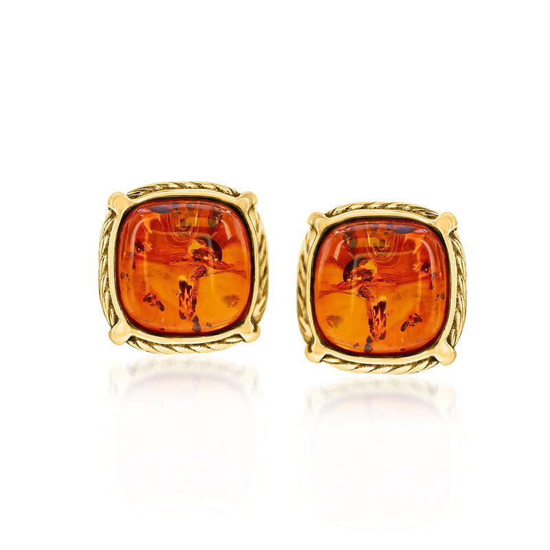 Amber post earrings with square gold bezel and cushion-cut orange stones