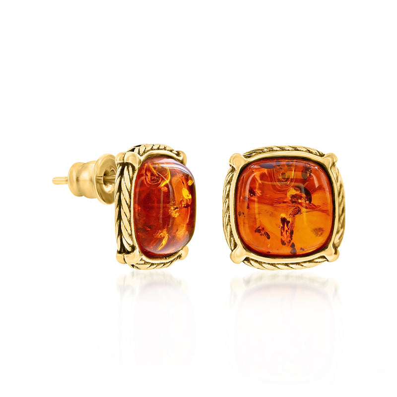 Amber post earrings, side view: cushion-cut orange stone in gold square setting